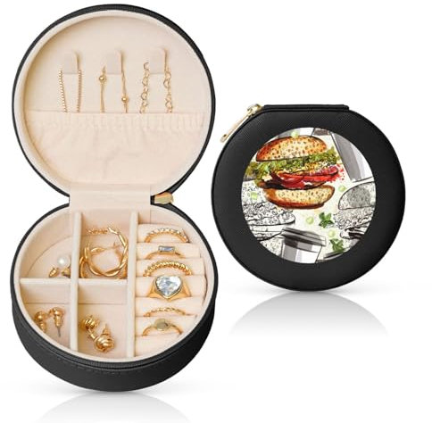 ASEELO Schmuckkästchen aus Leder, rund, 10 cm, lustig, Hamburger und Tassen, Mini-Schmuckkästchen, Organizer, Schmuckaufbewahrung, Ohrring-Organizer-Box