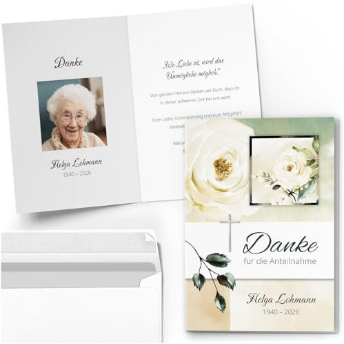 10 PERSONALISIERTE Trauer Danksagungen Dankeskarten mit eigenem Text und Foto | Individuell anpassbare Trauerkarten mit Briefumschlägen | Kreuz Weisse Rose Danke für die Anteinahme