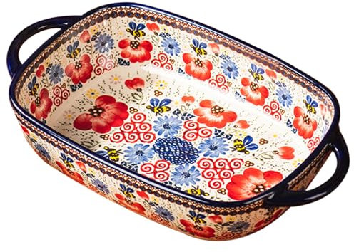Pequeña fuente para hornear, plato para hornear, plato de horno de cerámica resistente al calor de 1900 ml con manijas dobles, plato de lasaña de rectángulo con estampado de flores, platos de cazuela