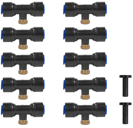VOANZO 10 Pieces T-Piece Water Pipe Connector with Brass Mist Nozzles - Irrigation System Sprayer Sprinkler Spray Nozzle T-Connector for Outdoor Misting System Accessories