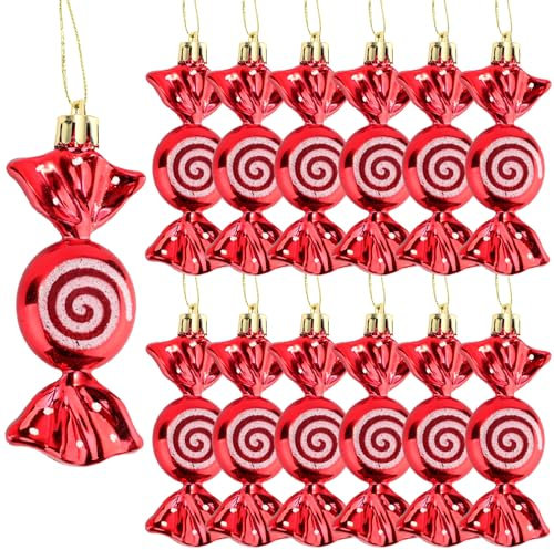 12stk Bonbon Christbaumschmuck, Rote Bonbon-Ornamente für Den Weihnachtsbaum mit Goldenen Seilen Pfefferminz-Bonbon-Ornamente für Die Weihnachts- Feiertags- Und Party-Dekoration