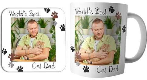 AK Giftshop Cat Dad Personalised Pets Photo Mug and Coaster Set, 10oz, Ceramic