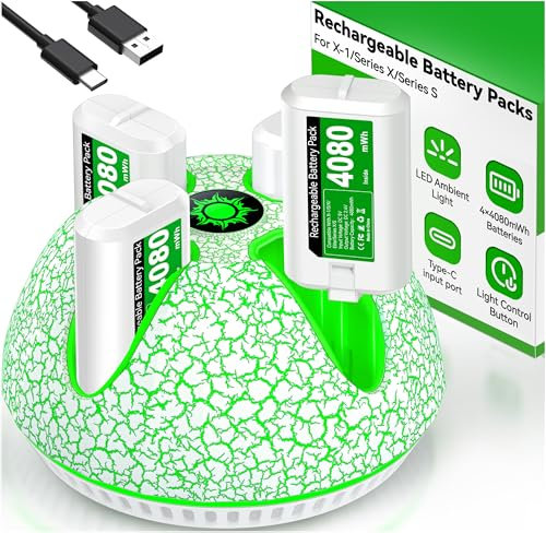 Lot de 4 batteries rechargeables pour manette Xbox Series/One X/S, 4080 mWh, avec lumière d'ambiance, autonomie de 15 heures, compatible avec manette Xbox One S/X/Elite, Xbox Series X/S