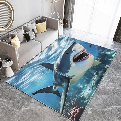 Generisch Meeresleben Teppich Wohnzimmer 80 x 150 cm Tier Weißer Hai Teppiche, Blau Schlafzimmer Druck Teppich Weiche Flanell Kinderzimmer Tiermotiv Teppiche Küche Korridor Esszimmer Bodenmatte