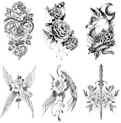 AIYONG 6 BläTter Groß Schwarz Rose Blume Temporäre Tattoos, Fake Tattoos, Frauen Körper Arm Beine Päonie Aufkleber Wasserdicht Skizzieren Tätowierung Sexy Pfingstrose Persönlichkeit Fake Tattoo