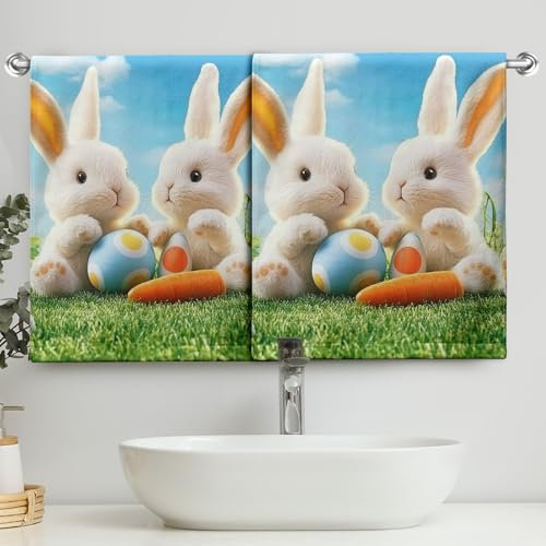 Cneztholim Osterhasen-Handtücher, weiße Kaninchen, Karotteneier, Küchentücher, Frühlingsblauer Himmel, weich, saugfähig, Geschirrtücher, Waschlappen für Küche, Badezimmer, Dekoration, 36 x 71 cm