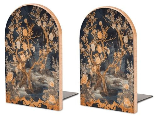 Grand serre-livres en bois pour étagères, fleurs sur fond noir imprimé, serre-livres en bois robuste avec base en métal antidérapante