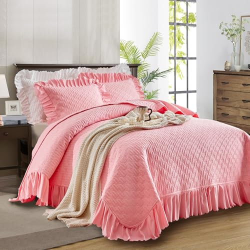 Bettwäsche-Set mit Rüschen für King-Size-Betten, 243,8 x 274,3 cm, 3-teilig, einfarbig, Shabby-Chic-Stil, Landhaus-Rüschen, rustikale Decke, leicht, flauschig, Sommer, übergroße Tagesdecke mit