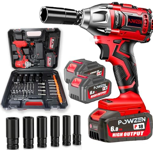 Powzen 1/2 Cordless Impact Wrench 1200N.m Electric Impact Gun, w/2pcs 24V 2x6.0AH M18 Rechargable Battery, Fast Charger,Impact Driver Kit (0-8800 rpm), Socket for drill,Screwdriver,lug nuts