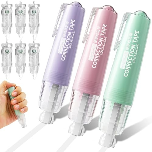 DONQL 3 pcs Retractable White out Correction Tape with 6 Refills, High-precision Tape Roller, Portable Correction Roller (6 m*5 mm) for Students, Office, Home&School