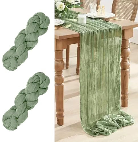 Käsetuch Tischläufer, 2 Stück Seihtuch Tischläufer, 90x300cm Musselin Tischläufer für Hochzeit Dekoration Geburtstagsparty(Salbeigrün)