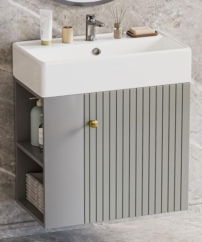 Yorbay Waschbecken mit Unterschrank 55 cm: Wandhängend mit 2 Seitenablagen | Keramik-Waschtisch mit Soft-Close-Tür - Kompaktes Badmöbel Set für Kleine Bäder und Gäste WC (Grau)