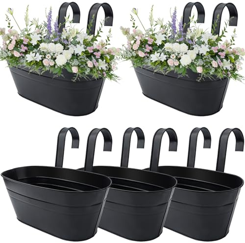 Roellgs 5Pcs Metal Hanging Flower Pots, 28.5cm Large Plant Pots Hanging Flower Bucket with Detachable Hook for Balcony Fence Garden Home Decor (5, Black)