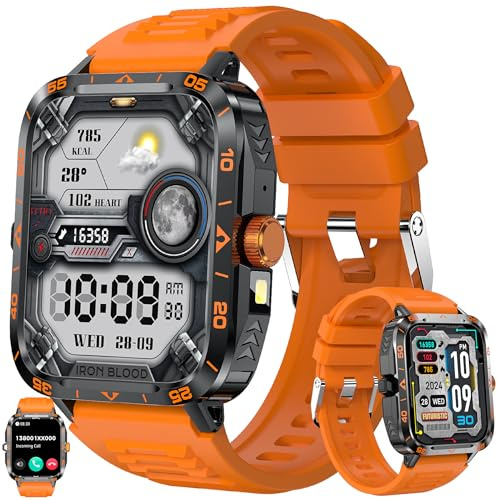SGDDFIT 1,95 AMOLED Groß Smartwatch Herren mit Telefonfunktion, Taschenlampe, 5ATM Wasserdicht Sportuhr mit Bluetooth Anrufe Fitnessuhr mit Schlafmonitor, Smart Watch für iOS Android (Orange)