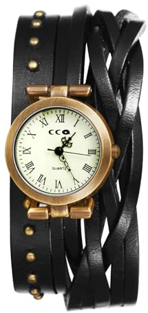 JewelryWe Women's Vintage Leather Watch - Round Analog Quartz Roman Numerals Dial Bracelet Watches Punk Gothic Casual Studded Double Wrap Wristwatch