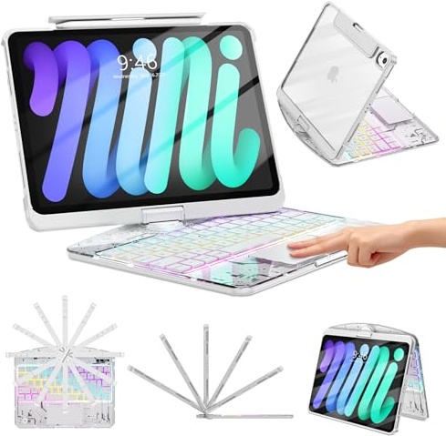 TSQQST Clear Wireless Keyboard Case for iPad mini A17 Pro/Mini 7/6 8.3 | Multi-Touch Trackpad, 7-Color Backlit, Pen Holder, Rotation Case for iPad Mini 7th/6th Generation 2024/2021, White