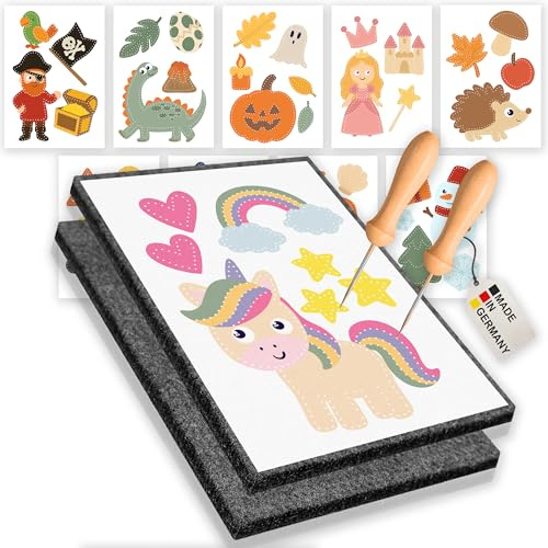 Creative Fox Prickelnadel Set Kinder mit 10 Vorlagen (beidseitig koloriert) | 2x Prickelnadel mit Holzgriff & 2x Prickelfilz (20cm x 15cm x 1cm) | Ideal zum Prickeln | Made in Germany