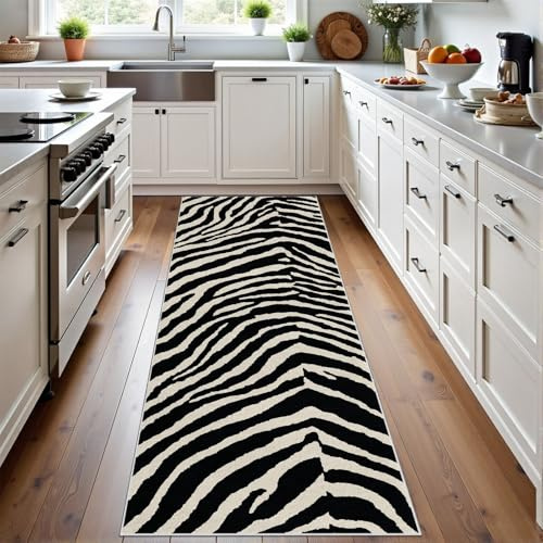 Meugesoi Zebramuster Teppich Läufer Schwarz Weiß Tierdruck Teppiche Waschbarer rutschfest 80x200 cm, Abstrakt Minimalistisch Teppichläufer, Carpet für Flur Schlafzimmer KüChe Hallway