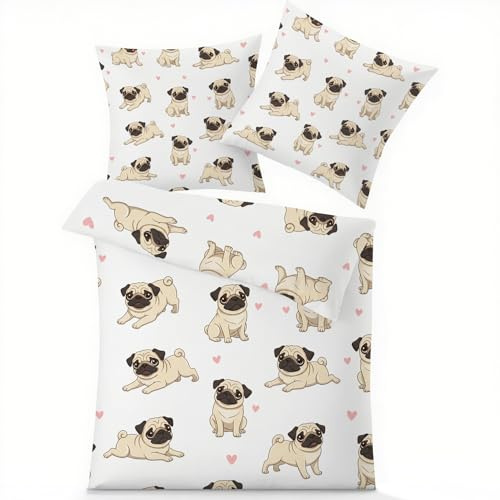 GEDAEUBA Bettwäsche 140x200 Mops - Süße Hundemotiv Bettbezug, Wendebettwäsche und Kissenbezug 70x90, Weiche & Angenehme Mikrofaser Bettwäsche-Sets mit Reißverschluss