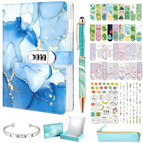 Diary with Lock, A5 PU Leather Journal 240 Pages Password Locked Travel Notebook with Pen, A5 Fashion Password Book Secret Diary Girls Boys Stationary Gift Sets, Diary Creative Handbook Note Book-Blue