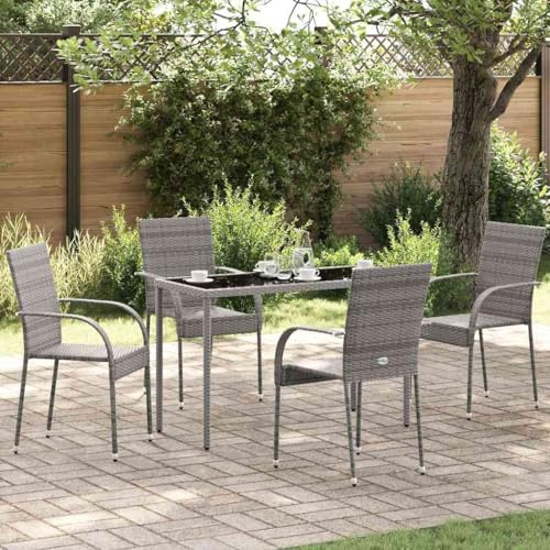 Fangmaliuyun 4er Set Stapelbare Gartenstühle Poly-Rattan Grau 55,5x53,5x95 cm Esszimmer-Look, pulverbeschichteter Stahlrahmen, wetterfest, platzsparend für Balkon Terrasse Camping