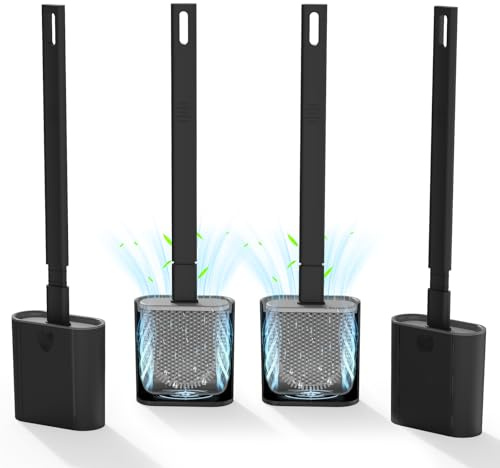 Toilet Brushes, 4 Pack Bathroom Silicone Toilet Brush with Holder Sets with No-Slip Long Plastic Handle and Soft Flexible Bristles, Toilet Brushes and holders and Base for Anti-drip (Black)