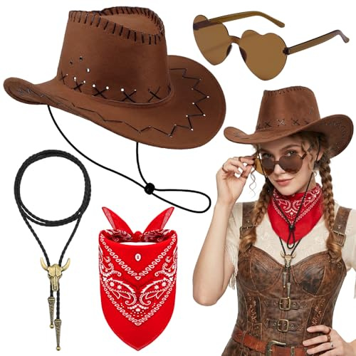 4 Stück Cowboyhut Accessories Set, Western Cowboy Outfits Zubehör Kit mit Cowboyhut Herzförmiger Sonnenbrille Paisley Halstuch Stierkopf Bolo Tie für Damen Herren Halloween Maskeraden Partys (Braun)