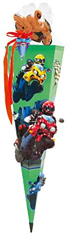 Motorrad RENNEN - CROSSRIDER Schultüte 85cm 3D-SCHNELL BASTELTÜTE vorgefertigt Stabiler Tütenkorpus KOMPLETT MIT SCHULTÜTENSCHMUCK-Set - Grün