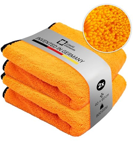 Liquid Elements – Auto Trockentuch Orange Baby 800 GSM 40 x 60 cm – weiches Mikrofasertuch zur Autopflege – extrem saugstark, fusselfrei & lackschonend (2 Stück)