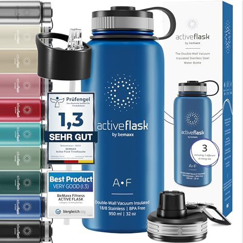 Trinkflasche Edelstahl ACTIVE FLASK + Strohhalm (3 Deckel) BPA-frei, Auslaufsicher, Kohlensäure geeignet - Wasserflasche Fahrrad Thermosflasche Isoliert Isolierflasche Sport Wasser Flasche Kinder Tee