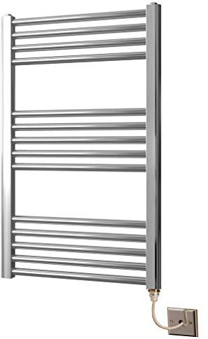 Greened House Electric Chrome 500W x 800H Flat Towel Rail + Timer and Room Thermostat Bathroom Towel Rails
