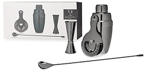 Viski El kit de barman Gunmetal incluye coctelera, colador, medidor, cuchara de bar para cócteles clásicos, bebidas mezcladas, cerveza fría, herramientas de bar en casa, regalos de camarero