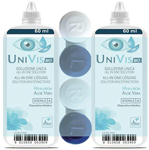 Univis Bio Soluzione Unica per Lenti a Contatto. Con Acido ialuronico ed Aloe vera - Pocket Pack 2x60 ml + 2 Portalenti inclusi (compatibile con cassetta della posta)