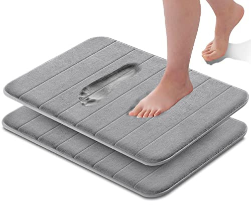 GVTECH Memory Foam Bath Mat, (2 Pack) Non-Slip Back, 40x60 cm Fleece Softness, Highly Absorbent, Bathroom Carpet, Super Soft Microfiber Bath Rug, Rectangle, Easy to clean Mat (Grey)