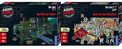 KOSMOS - Krimi Puzzle: Die drei ??? - Die Villa der Rätsel, Leuchtet im Dunkeln, 300 Teile mit UV-Lampe & Krimi Puzzle: Die drei ??? Kids - Spuk auf dem Schulfest, Leuchtet im Dunkeln, 200 Teile