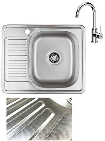 VBChome Einbauspüle mit Armatur 58x48 Leinenstruktur ab 45er Unterschrank Edelstahl Küchenspüle Spüle Ablagefläche Abtropffläche Links eckiges Camping Ablaufgarnitur Siphon Wasserhahn Chrom