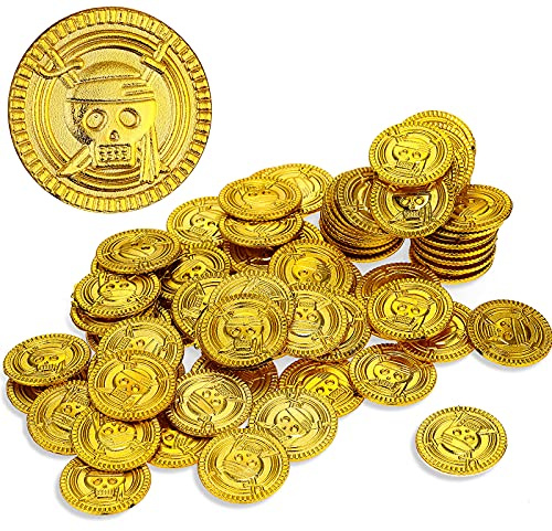 Aoriher 50 Stücke Plastik Münzen Piraten Schatz Gefälschte Münzen Piraten Schatzsuche Truhe für Schatzsuche Party Tasche (2,5 x 2,5 x 0,2 cm, Gold)