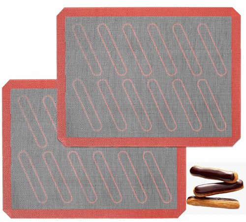Perforated Silicone Baking Mats, 2 PCS Eclair Silicone Mat for Half Sheet with 12 Printed Oblong Eclair Guides, Non-Stick Reusable Oven Liners for Making Bread/Pizza/Pastry/Cookie 11-4/5 x 15-3/4