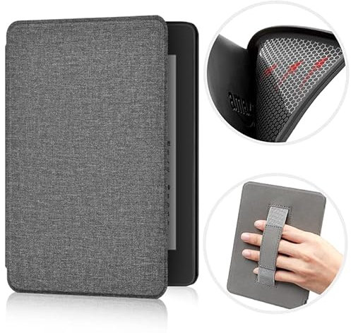 ERUNTO Hülle für 6,8-Zoll-Kindle Paperwhite and Paperwhite Signature Edition, mit Stoffstruktur und Handschlaufe auf der Rückseite, magnetische Hülle mit intelligenter Weck-/Schlaffunktion(Grau)