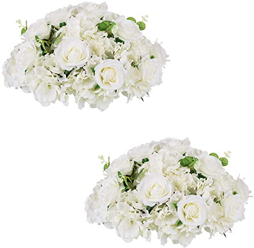 NUPTIO Blumenkugel Arrangement Strauß 2 Stück 40cm Durchmesser Weiß Gefälschte Blumen Rosen Kugeln für Tafelaufsätze Tische Große Künstliche Rose Blumenstrauß für Hochzeit Dekorationen