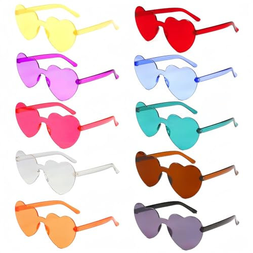 flintronic 10 Paar Hippie Herzförmige Brille, Transparente Candy Color Sonnenbrille für Geburtstagsfeier, Halloween, LNeuheit Party ustige Partybrillen für Erwachsene, Jungen und Mädchen