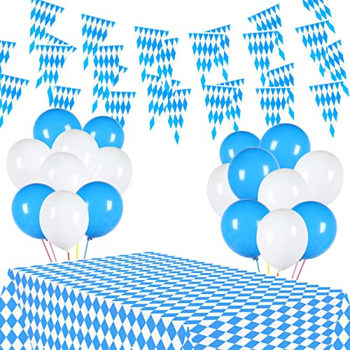 XINDY Oktoberfest Deko Set, Bayrische Deko Oktoberfest Dekoration Bayern Deko 10 Meter Oktoberfest Wimpelkette Girlande + Oktoberfest Tischdecke + Oktoberfest Luftballons Weiße und Blau