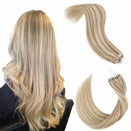 ABH AMAZINGBEAUTY HAIR Micro Ring Haarverlängerungen Remy Haar Weiche Remy Echthaar Extensions 45cm Microringverlängerungen Aschbraun Gemischt mit Platinblonden Microring Extensions 50 Stränge 50g