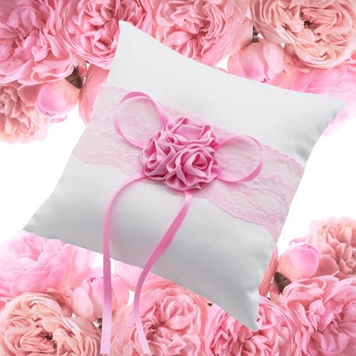 EinsSein 1x Ringkissen Hochzeit Flower Rosé 20x20 groß rosa Weiss Standesamt | Traukissen Kissen für Trauringe Eheringe Ringe | Wedding Ring sprich Ringhalter Hochzeit | Satin Stoff Vintage klassisch