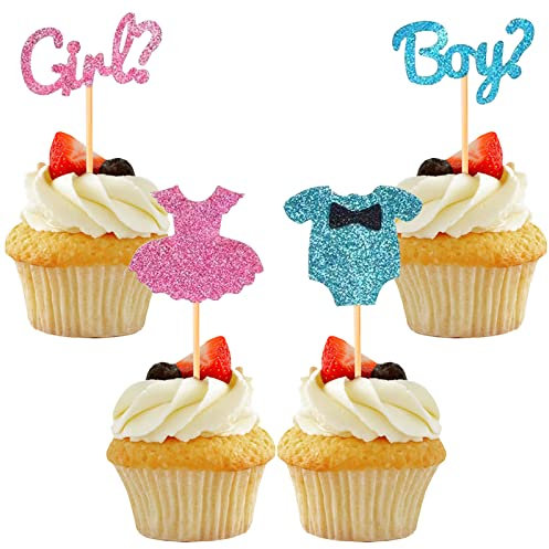 AIBAOBAO 24 Stück gender reveal, Jungen oder Mädchen Cupcake Toppers Glitter Onesie Jumpsuit Cupcake Picks Babyparty, Geschlecht Offenbarung Party Kuchen Dekorationen Baby Shower Zubehör, verkünden