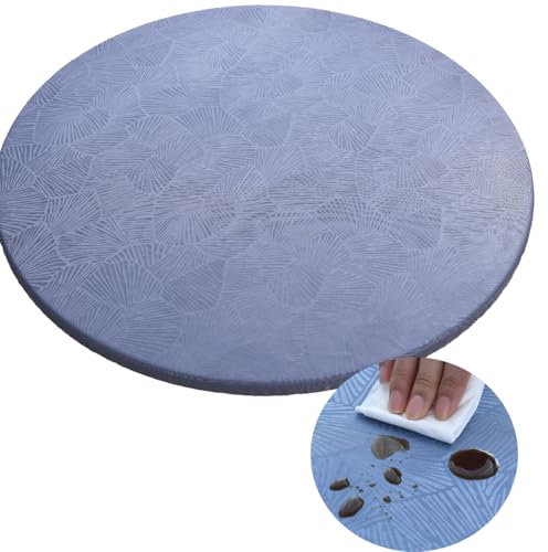 Morbuy Rund Tischdecke Wachstuch Elastisch, Gartentischdecke Wasserdicht Schmutzabweisend Abwischbar Nordisch Blatt Tischtuch für Dekoration Küchentisch Kaffee Restaurant Garten (180cm,Blau)