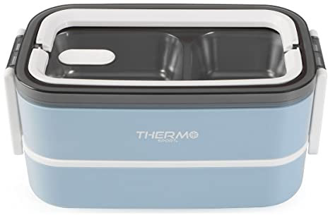 ThermoSport Fiambrera Térmica 2 Niveles, Lonchera Térmica para Trabajo Colegio Almuerzo Porta Alimentos Taper con Cubiertos y Asas Color Azul o Gris, 2 x 1400 Ml Marmita Comida Libre BPA Carmanyola