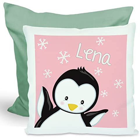 CreaDesign, Kinder Kissen 40x40 cm personalisiert mit Namen, Kinderzimmer Deko Kissen Kinder mit Füllung Federn, Motiv Pinguin rosa, Rückenfarbe Grün