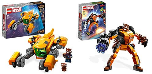 LEGO 76254 Marvel Baby Rockets Schiff & 76243 Marvel Rocket Mech, Spielzeug-Action-Figur des Waschbär Avengers aus Guardians of The Galaxy mit Sammelfiguren für Kinder ab 6 Jahren