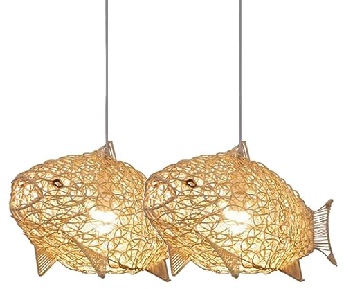 Moddeny Handgewebter Fisch-Lampenschirm aus Rattangeflecht, Deckenleuchte, dekorative Hängelampe, Rattan-Kronleuchter, E27-Dekoration, Beleuchtung für Esszimmer, Kücheninsel, Wohnzimmer